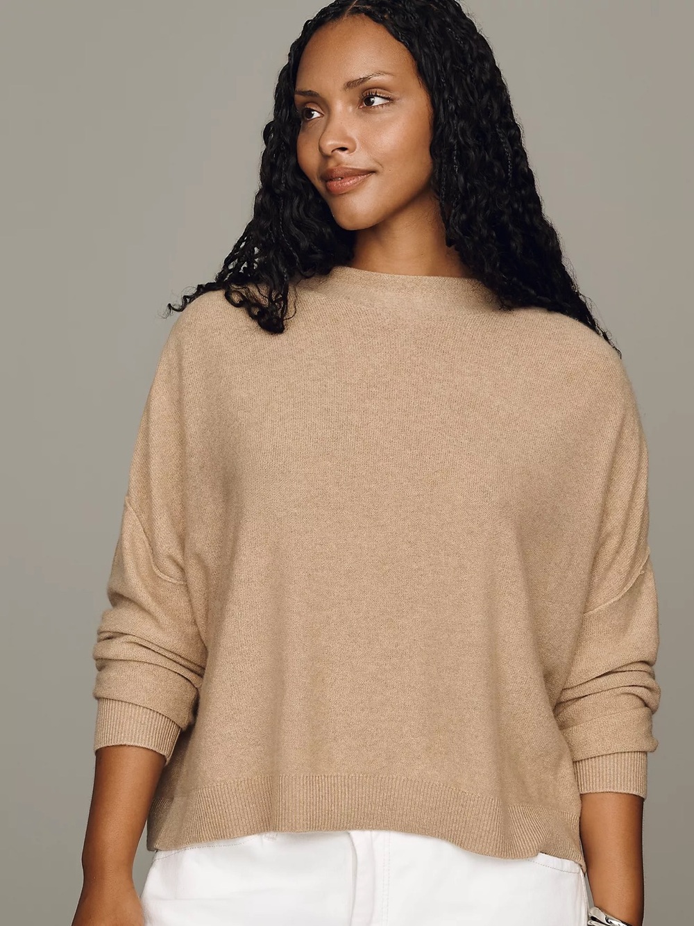 PILCRO Alani 100% Cashmere Mockneck Pullover Sweater Drop Shoulders Sand Tan S